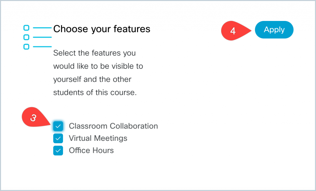 Screenshot showing the location of the Classroom Collaboration option and the Apply button (steps 3 & 4)