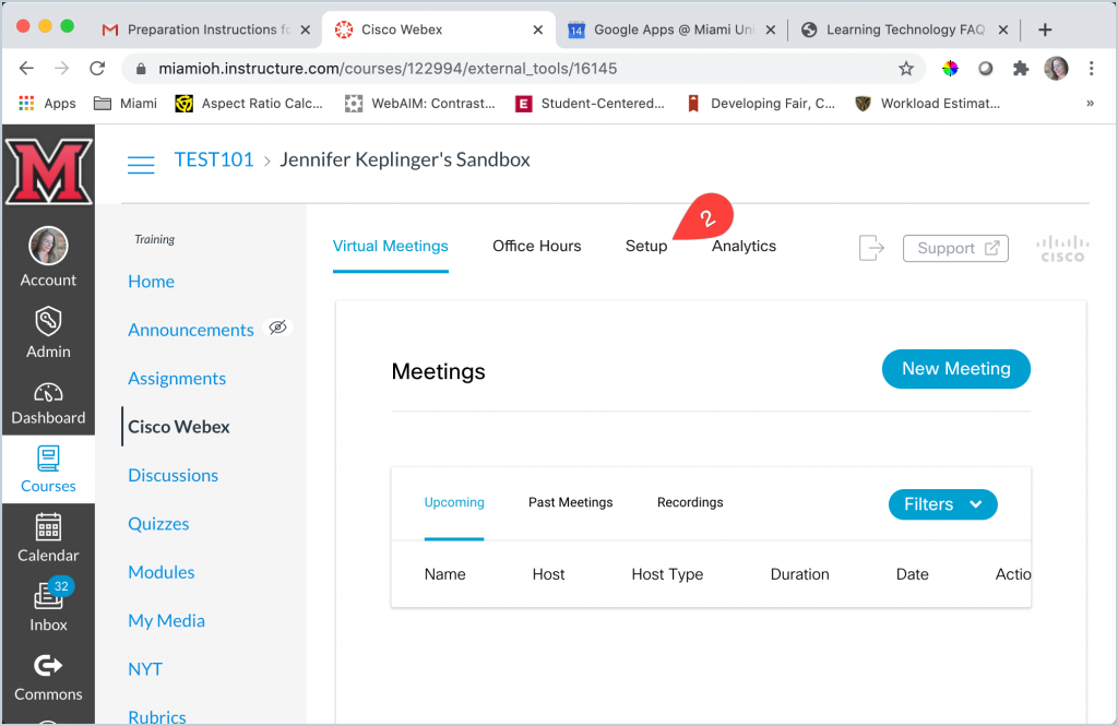 Screenshot showing the location of the Setup menu in the Cisco Webex integration with Canvas.