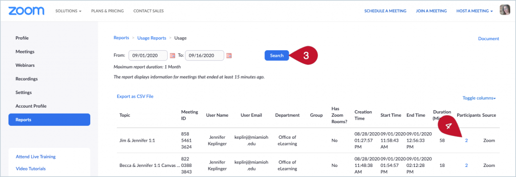 Screenshot showing where to find (3) the Search button and (4) the link in the Participants column