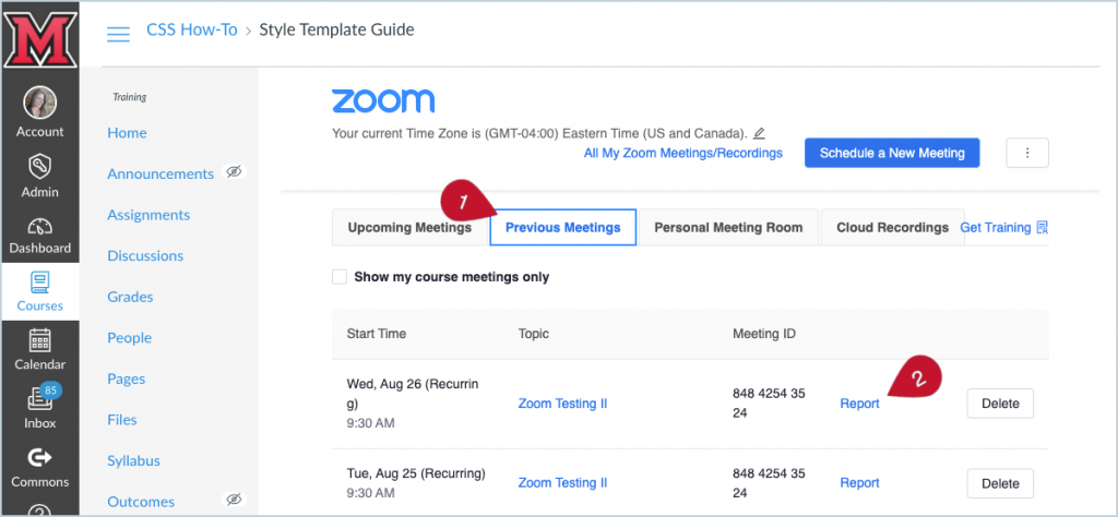 Screenshot showing the location of (1) the Previous Meetings tab and (2) the Report link.