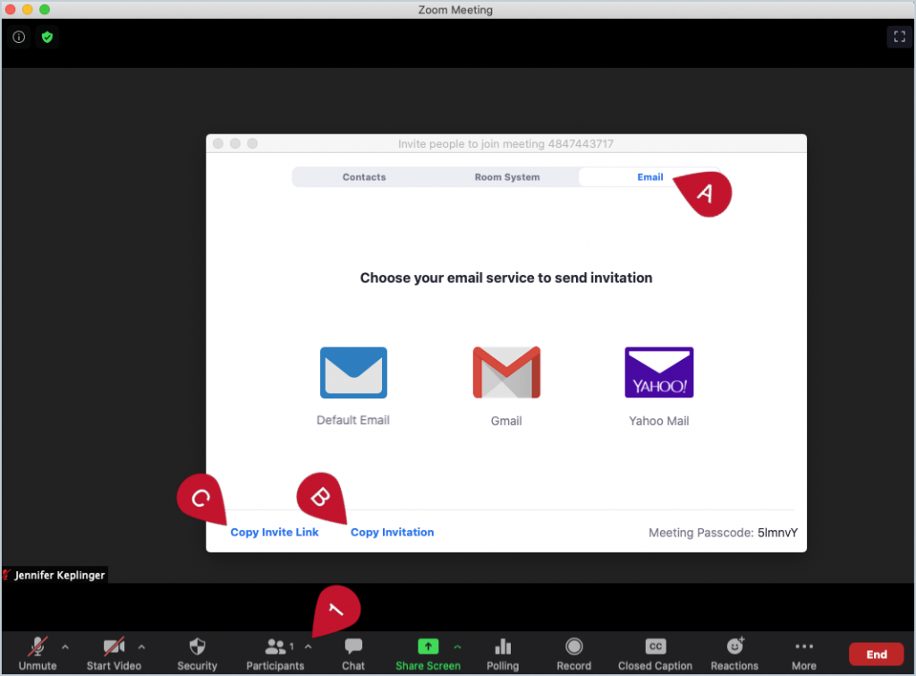 Screenshot showing the location of the (1) Participants icon and options for automatically creating an email (A), copying the invitation text (B), and copying the invite link (C).