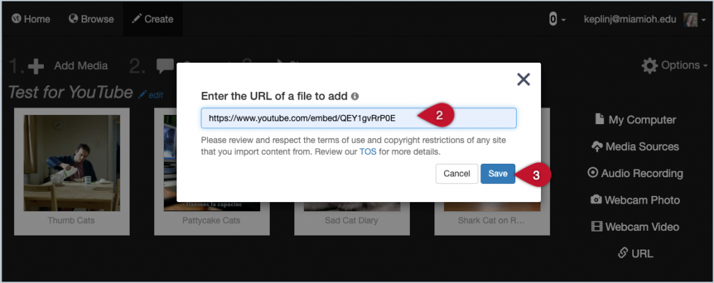 Screenshot showing the location of (2) the text box where you'll paste your YouTube link and (3) the Save button.