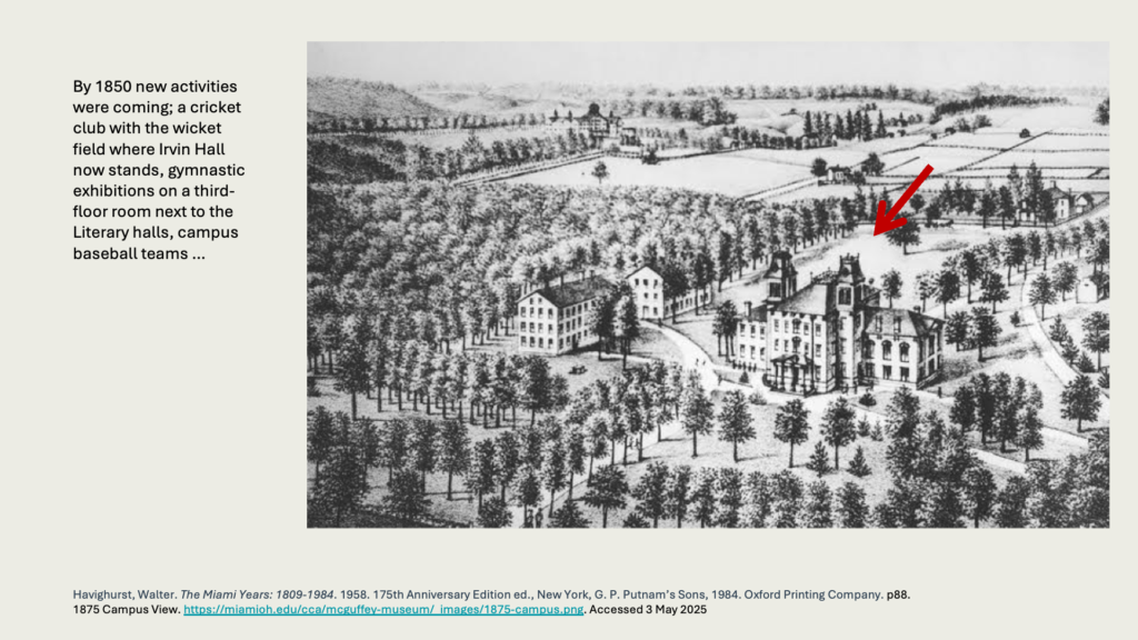 By 1850 new activities were coming; a cricket club with the wicket field where Irvin Hall now stands, gymnastic exhibitions on a third-floor room next to the Literary halls, campus baseball teams.
