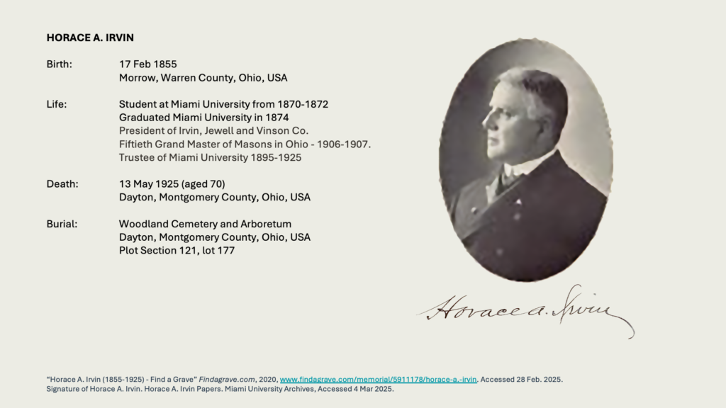 HORACE A. IRVIN

Birth:17 Feb 1855, Morrow, Warren County, Ohio, USA

Life:	Student at Miami University from 1870-1872; Graduated Miami University in 1874; President of Irvin, Jewell and Vinson Co.; Fiftieth Grand Master of Masons in Ohio - 1906-1907.; Trustee of Miami University 1895-1925

Death: 13 May 1925 (aged 70), Dayton, Montgomery County, Ohio, USA

Burial: Woodland Cemetery and Arboretum, Dayton, Montgomery County, Ohio, USA, Plot Section 121, lot 177
