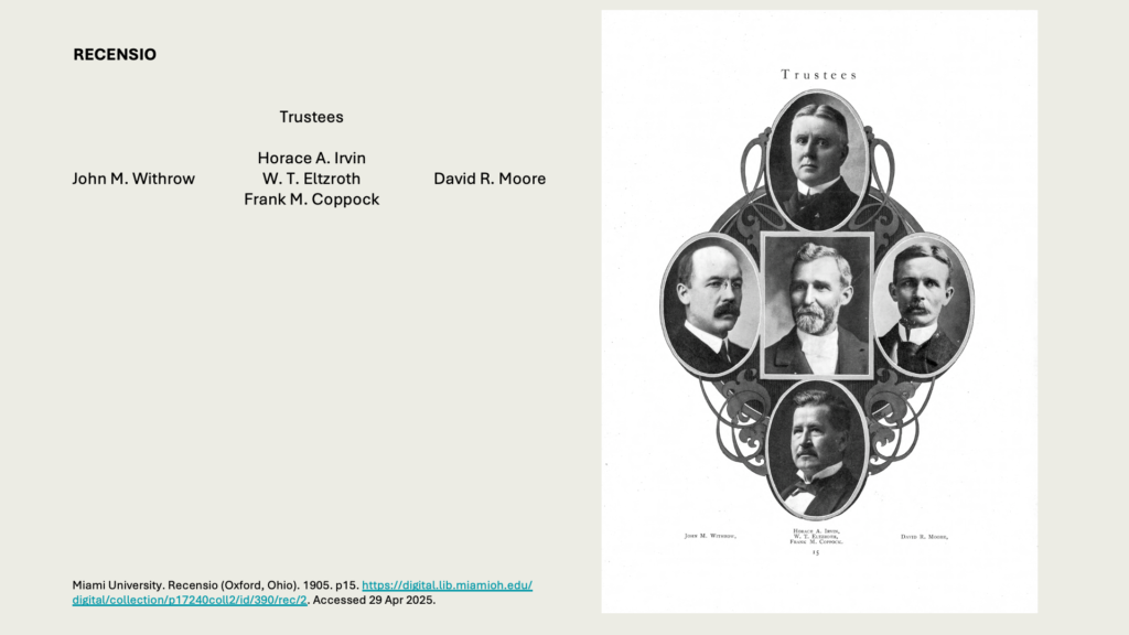 RECENSIO

Trustees Horace A. Irvin, John M. Withrow, W. T. Eltzroth	, David R. Moore, Frank M. Coppock