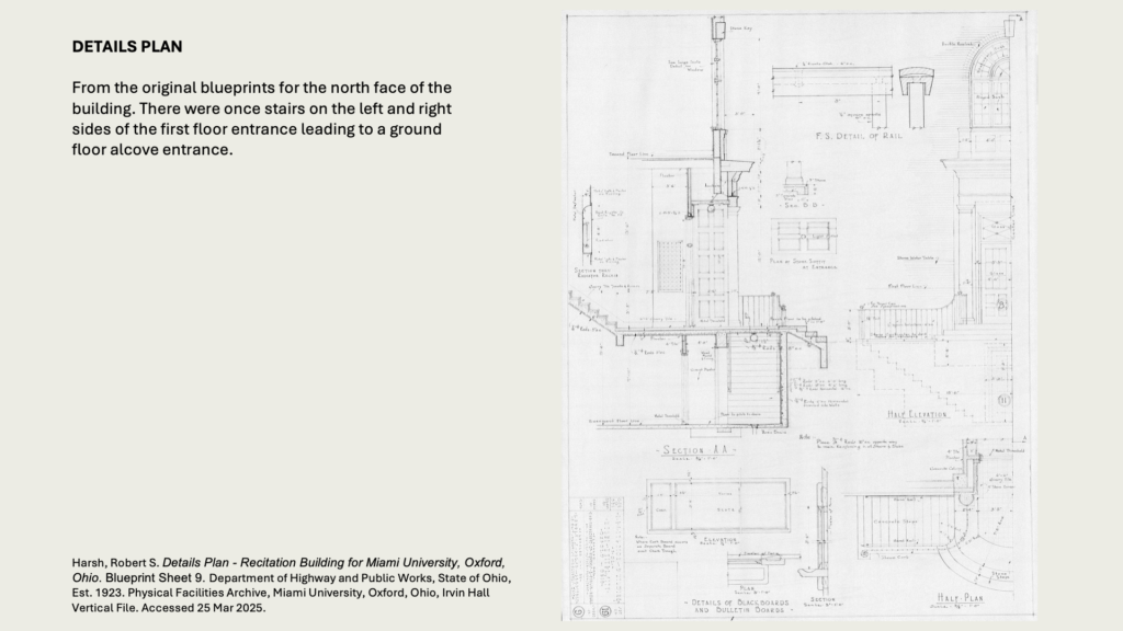 DETAILS PLAN

From the original blueprints for the north face of the building. There were once stairs on the left and right sides of the first floor entrance leading to a ground floor alcove entrance.