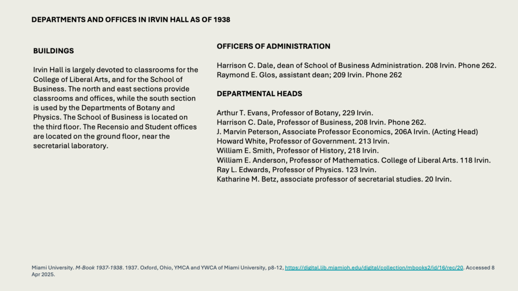 DEPARTMENTS AND OFFICES IN IRVIN HALL AS OF 1938

BUILDINGS

Irvin Hall is largely devoted to classrooms for the College of Liberal Arts, and for the School of Business. The north and east sections provide classrooms and offices, while the south section is used by the Departments of Botany and Physics. The School of Business is located on the third floor. The Recensio and Student offices are located on the ground floor, near the secretarial laboratory.

OFFICERS OF ADMINISTRATION

Harrison C. Dale, dean of School of Business Administration. 208 Irvin. Phone 262.
Raymond E. Glos, assistant dean; 209 Irvin. Phone 262

DEPARTMENTAL HEADS

Arthur T. Evans, Professor of Botany, 229 Irvin.
Harrison C. Dale, Professor of Business, 208 Irvin. Phone 262.
J. Marvin Peterson, Associate Professor Economics, 206A Irvin. (Acting Head)
Howard White, Professor of Government. 213 Irvin. 
William E. Smith, Professor of History, 218 Irvin.
William E. Anderson, Professor of Mathematics. College of Liberal Arts. 118 Irvin.
Ray L. Edwards, Professor of Physics. 123 Irvin.
Katharine M. Betz, associate professor of secretarial studies. 20 Irvin.