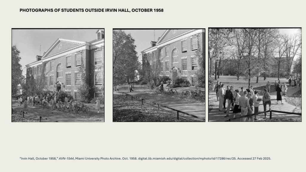 PHOTOGRAPHS OF STUDENTS OUTSIDE IRVIN HALL, OCTOBER 1958
