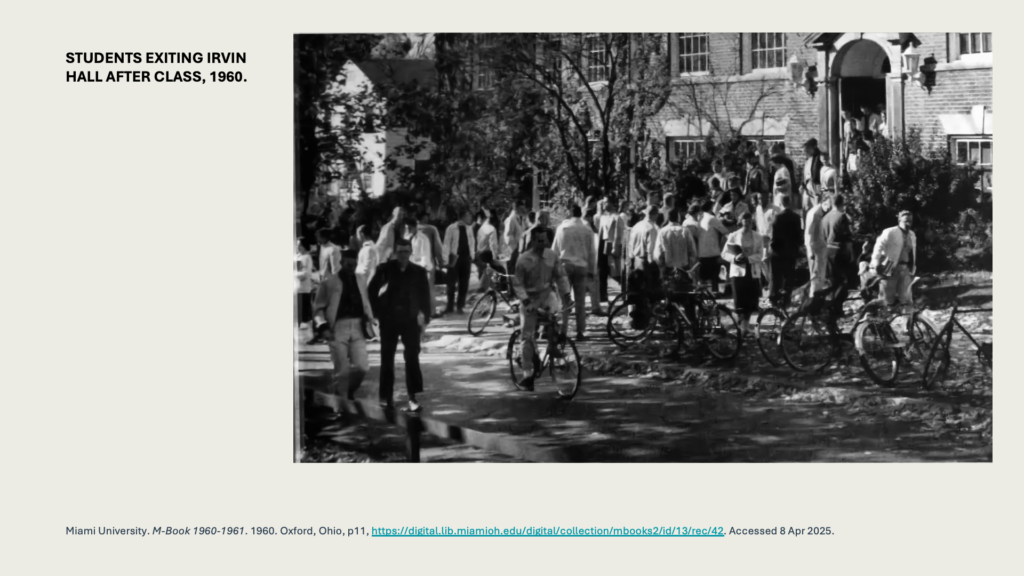 STUDENTS EXITING IRVIN HALL AFTER CLASS, 1960.