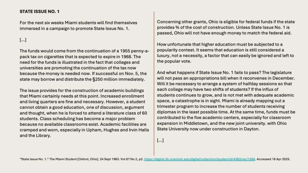 STATE ISSUE NO. 1

For the next six weeks Miami students will find themselves immersed in a campaign to promote State Issue No. 1.

[…]

The funds would come from the continuation of a 1955 penny-a-pack tax on cigarettes that is expected to expire in 1968. The need for the funds is illustrated in the fact that colleges and universities are promoting the continuation of the tax now because the money is needed now. If successful on Nov. 5, the state may borrow and distribute the §250 million immediately.

The issue provides for the construction of academic buildings that Miami certainly needs at this point. Increased enrollment and living quarters are fine and necessary. However, a student cannot obtain a good education, one of discussion, argument and thought, when he is forced to attend a literature class of 60 students. Class scheduling has become a major problem because no available classrooms exist. Academic facilities are cramped and worn, especially in Upham, Hughes and Irvin Halls and the Library.

Concerning other grants, Ohio is eligible for federal funds if the state provides % of the cost of construction. Unless State Issue No. 1 is passed, Ohio will not have enough money to match the federal aid.

How unfortunate that higher education must be subjected to a popularity contest. It seems that education is still considered a luxury, not a necessity, a factor that can easily be ignored and left to the popular vote.

And what happens if State Issue No. 1 fails to pass? The legislature will not pass an appropriations bill when it reconvenes in December. Will it be necessary to arrange a system of halfday sessions so that each college may have two shifts of students? If the influx of students continues to grow, and is not met with adequate academic space, a catastrophe is in sight. Miami is already mapping out a trimester program to increase the number of students receiving diplomas in the least possible time. At the same time, funds must be contributed to the five academic centers, especially for classroom expansion in Middletown, and the new joint university. with Ohio State University now under construction in Dayton.

[…]
