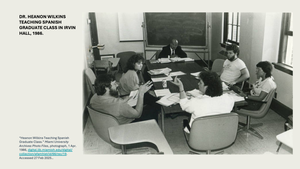 DR. HEANON WILKINS TEACHING SPANISH GRADUATE CLASS IN IRVIN HALL, 1986.
