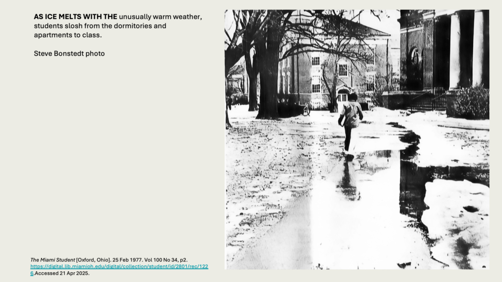 AS ICE MELTS WITH THE unusually warm weather, students slosh from the dormitories and apartments to class.

Steve Bonstedt photo
