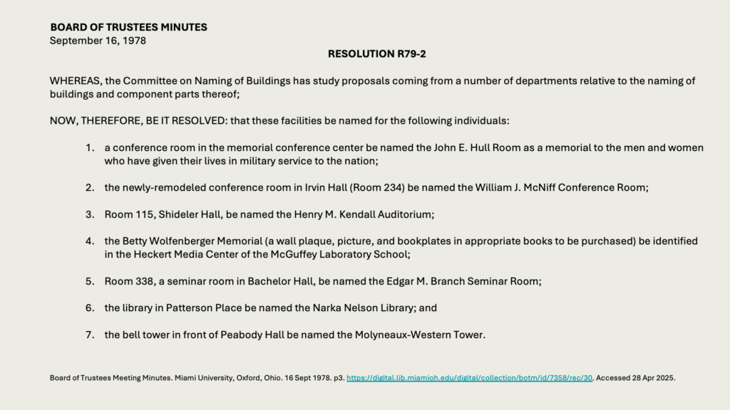 BOARD OF TRUSTEES MINUTES
September 16, 1978
RESOLUTION R79-2

WHEREAS, the Committee on Naming of Buildings has study proposals coming from a number of departments relative to the naming of buildings and component parts thereof;

NOW, THEREFORE, BE IT RESOLVED: that these facilities be named for the following individuals:

1.	a conference room in the memorial conference center be named the John E. Hull Room as a memorial to the men and women who have given their lives in military service to the nation;
2.	the newly-remodeled conference room in Irvin Hall (Room 234) be named the William J. McNiff Conference Room;

3.	Room 115, Shideler Hall, be named the Henry M. Kendall Auditorium;

4.	the Betty Wolfenberger Memorial (a wall plaque, picture, and bookplates in appropriate books to be purchased) be identified in the Heckert Media Center of the McGuffey Laboratory School;

5.	Room 338, a seminar room in Bachelor Hall, be named the Edgar M. Branch Seminar Room;

6.	the library in Patterson Place be named the Narka Nelson Library; and

7.	the bell tower in front of Peabody Hall be named the Molyneaux-Western Tower.
