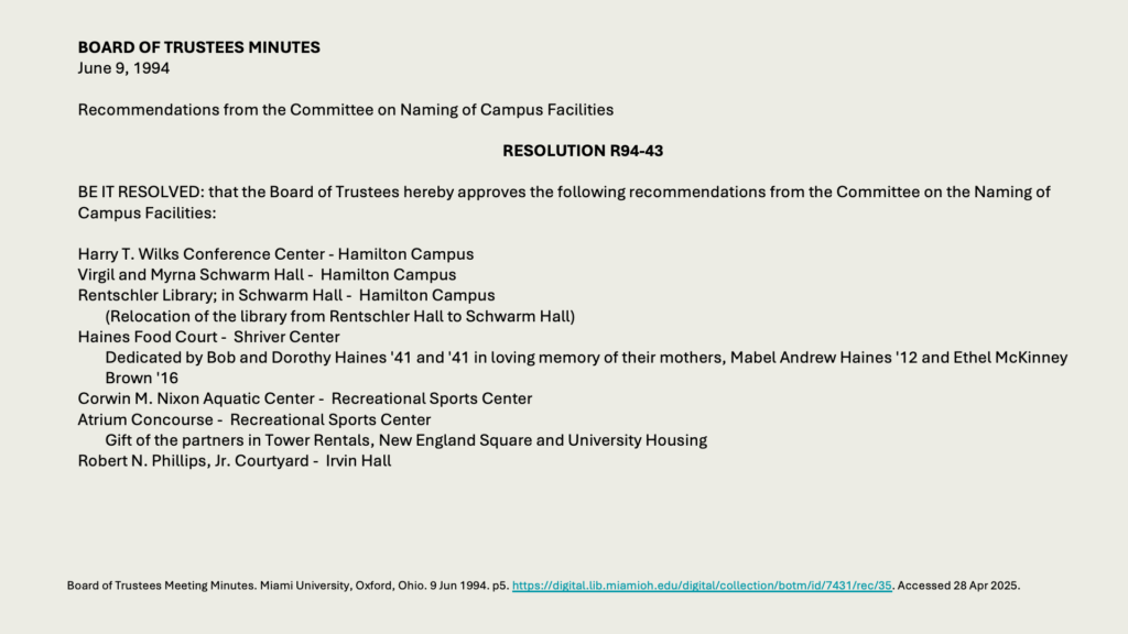 BOARD OF TRUSTEES MINUTES
June 9, 1994 

Recommendations from the Committee on Naming of Campus Facilities

RESOLUTION R94-43

BE IT RESOLVED: that the Board of Trustees hereby approves the following recommendations from the Committee on the Naming of Campus Facilities:

Harry T. Wilks Conference Center - Hamilton Campus
Virgil and Myrna Schwarm Hall -  Hamilton Campus
Rentschler Library; in Schwarm Hall -  Hamilton Campus
	(Relocation of the library from Rentschler Hall to Schwarm Hall)
Haines Food Court -  Shriver Center
	Dedicated by Bob and Dorothy Haines '41 and '41 in loving memory of their mothers, Mabel Andrew Haines '12 and Ethel McKinney Brown '16
Corwin M. Nixon Aquatic Center -  Recreational Sports Center
Atrium Concourse -  Recreational Sports Center
	Gift of the partners in Tower Rentals, New England Square and University Housing
Robert N. Phillips, Jr. Courtyard -  Irvin Hall