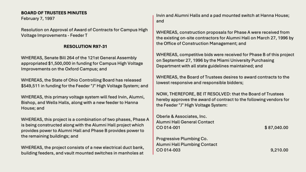 BOARD OF TRUSTEES MINUTES
February 7, 1997 

Resolution on Approval of Award of Contracts for Campus High Voltage Improvements - Feeder T

RESOLUTION R97-31

WHEREAS, Senate Bill 264 of the 121st General Assembly appropriated ,500,000 in funding for Campus High Voltage Improvements on the Oxford Campus; and

WHEREAS, the State of Ohio Controlling Board has released 9,511 in funding for the Feeder "J" High Voltage System; and

WHEREAS, this primary voltage system will feed Irvin, Alumni, Bishop, and Wells Halls, along with a new feeder to Hanna House; and

WHEREAS, this project is a combination of two phases, Phase A is being constructed along with the Alumni Hall project which provides power to Alumni Hall and Phase B provides power to the remaining buildings; and

WHEREAS, the project consists of a new electrical duct bank, building feeders, and vault mounted switches in manholes at Irvin and Alumni Halls and a pad mounted switch at Hanna House; and

WHEREAS, construction proposals for Phase A were received from the existing on-site contractors for Alumni Hall on March 27, 1996 by the Office of Construction Management; and

WHEREAS, competitive bids were received for Phase B of this project on September 27, 1996 by the Miami University Purchasing Department with all state guidelines maintained; and

WHEREAS, the Board of Trustees desires to award contracts to the lowest responsive and responsible bidders;

NOW, THEREFORE, BE IT RESOLVED: that the Board of Trustees hereby approves the award of contract to the following vendors for the Feeder "J" High Voltage System:

Oberle & Associates, Inc.
Alumni Hall General Contact 
CO 014-001	$ 87,040.00

Progressive Plumbing Co.
Alumni Hall Plumbing Contact
CO 014-003	9,210.00
