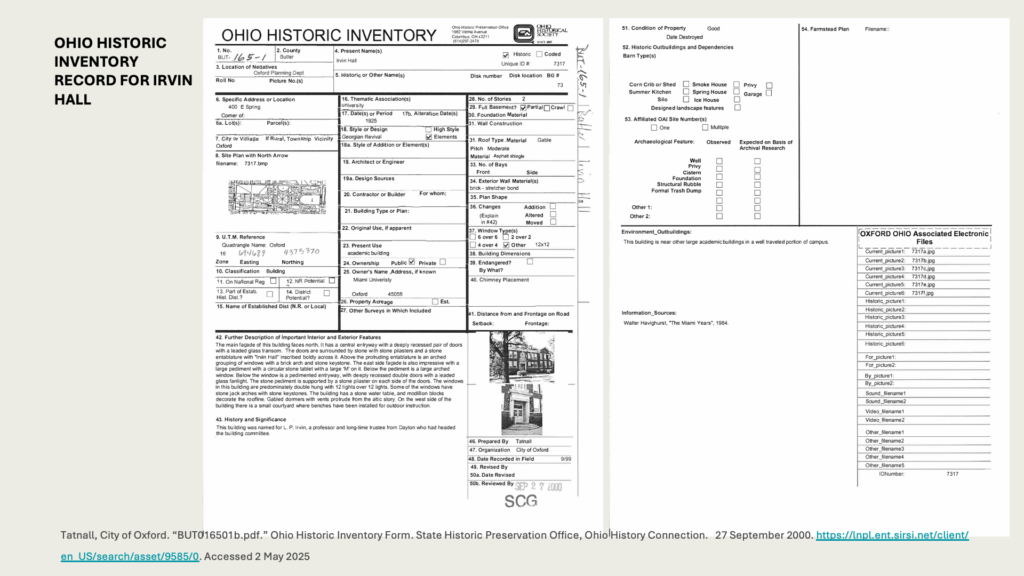 OHIO HISTORIC INVENTORY RECORD FOR IRVIN HALL