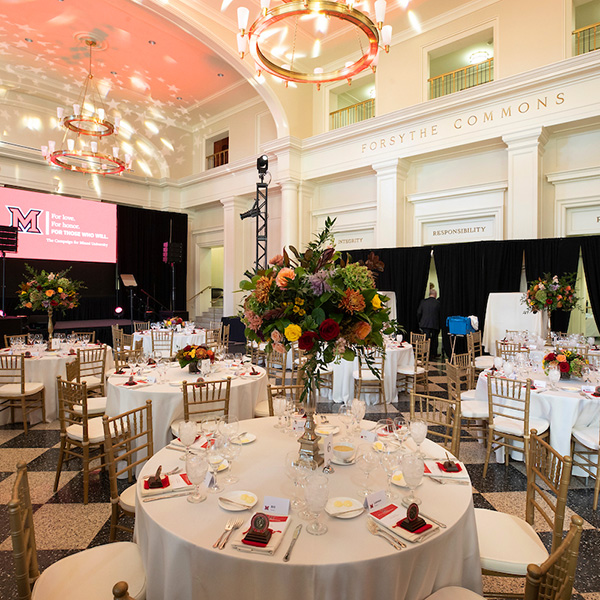 A gala event with elegant tables set for guests