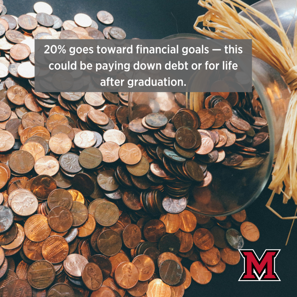 20% goes toward financial goals — this could be paying down debt or for life after graduation.