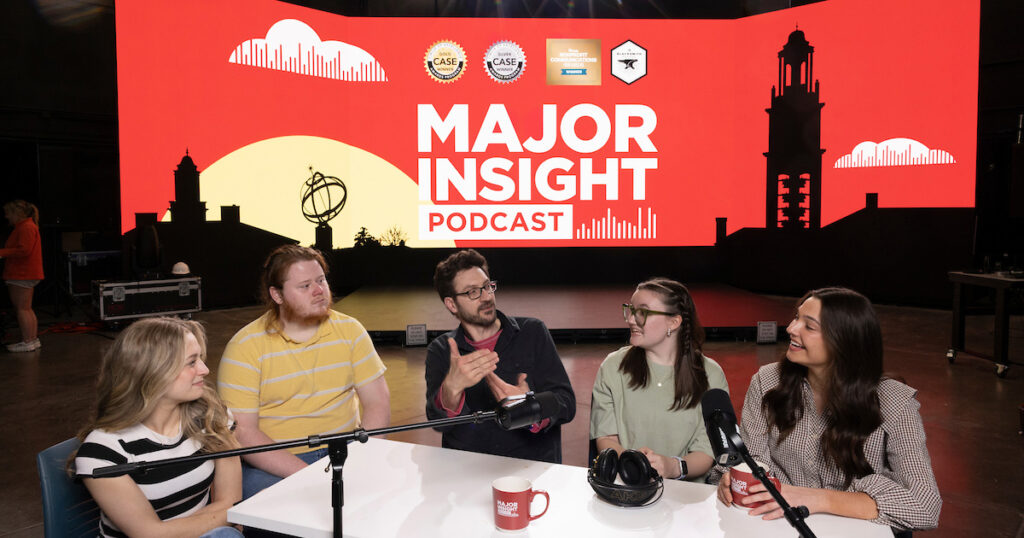 The Major Insight Podcast studio with people talking to each other.