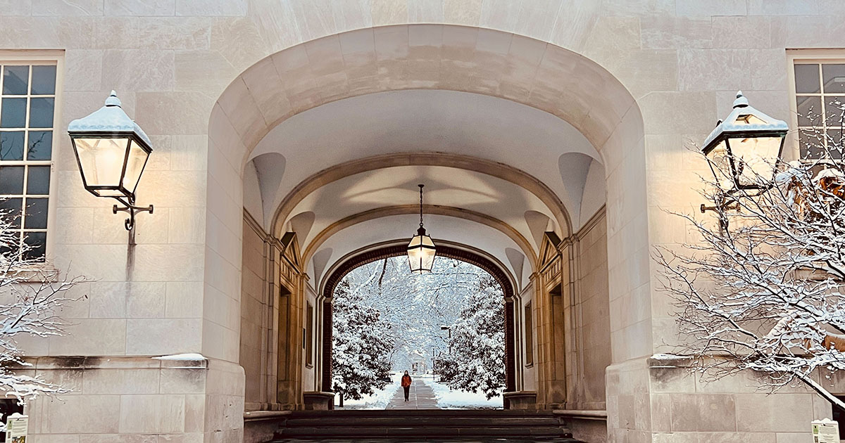 Winter seasonal scene of Miami University Upham Arches