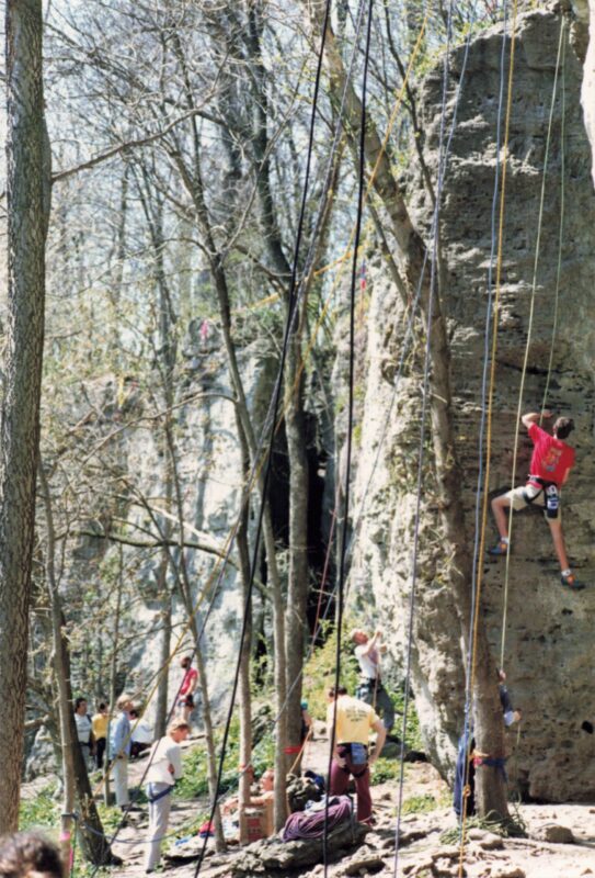 Miami’s OPC climbers enjoying a day at Springfield Gorge in 1989. Andy Beerman recalls, “We went to Springfield Gorge a lot, and we always stopped at Young’s Dairy for ice cream on the way home.” (Photo courtesy of Andy Beerman)