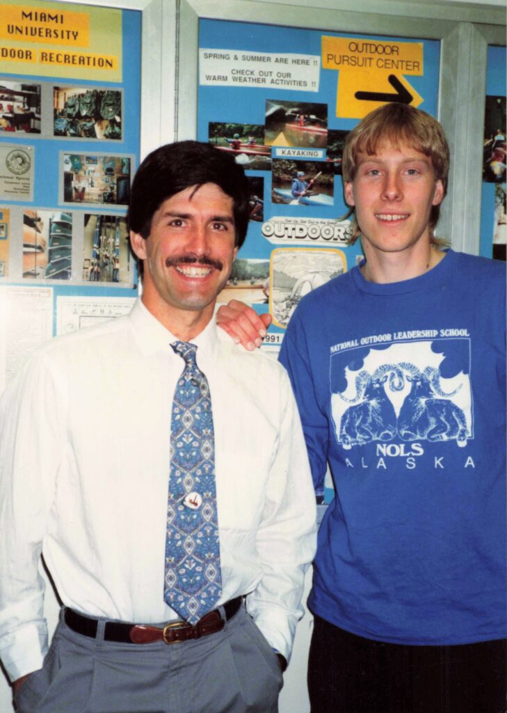 The OPC’s Program Coordinator, Wayne Morford (left), and climber Andy Beerman in the early 1990s. Beerman reflects, “I loved working with Wayne. I was preparing for a career in Outdoor Education and Wayne was very supportive and encouraging. It was my senior year at Miami and I had worked for NOLS Alaska that summer and was preparing to take my instructor’s course. I was bought into the ‘NOLS Way’ and tried to bring a lot of it back to the OPC. The following summer I became NOLS’s youngest instructor.” (Photo courtesy of Andy Beerman)
