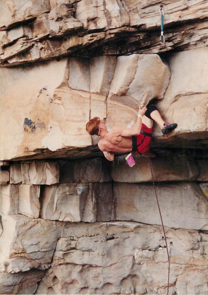 Miami climber Todd Berlier climbing a route named Apollo Reed (graded 5.13a) in West Virginia. (Photo courtesy of Andy Beerman)