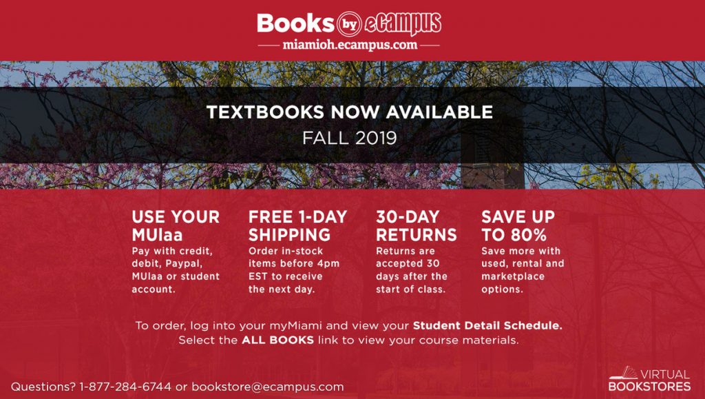 Textbooks now available Fall 2019. 
Use MUlaa. Free 1 day shipping. 30 day returns. Save up to 80%. 