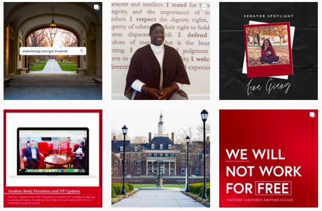 6 images from ASG's instagram, including a senator spotlight, the Student Body President Jannie Kamara's recent convocation welcome, plus her sitting down with President Crawford for a meeting,