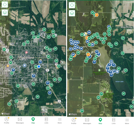 Screenshots of many many geocache locations over a Google Earth image of Oxford and Hueston Woods.