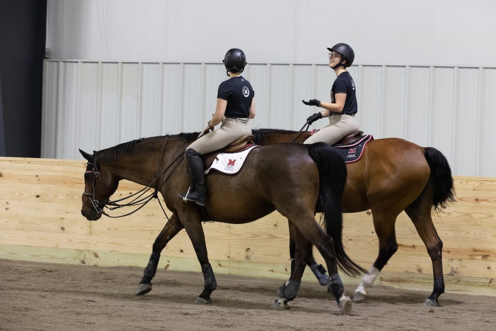 Two female students riding two brown horses in the equestrian center 