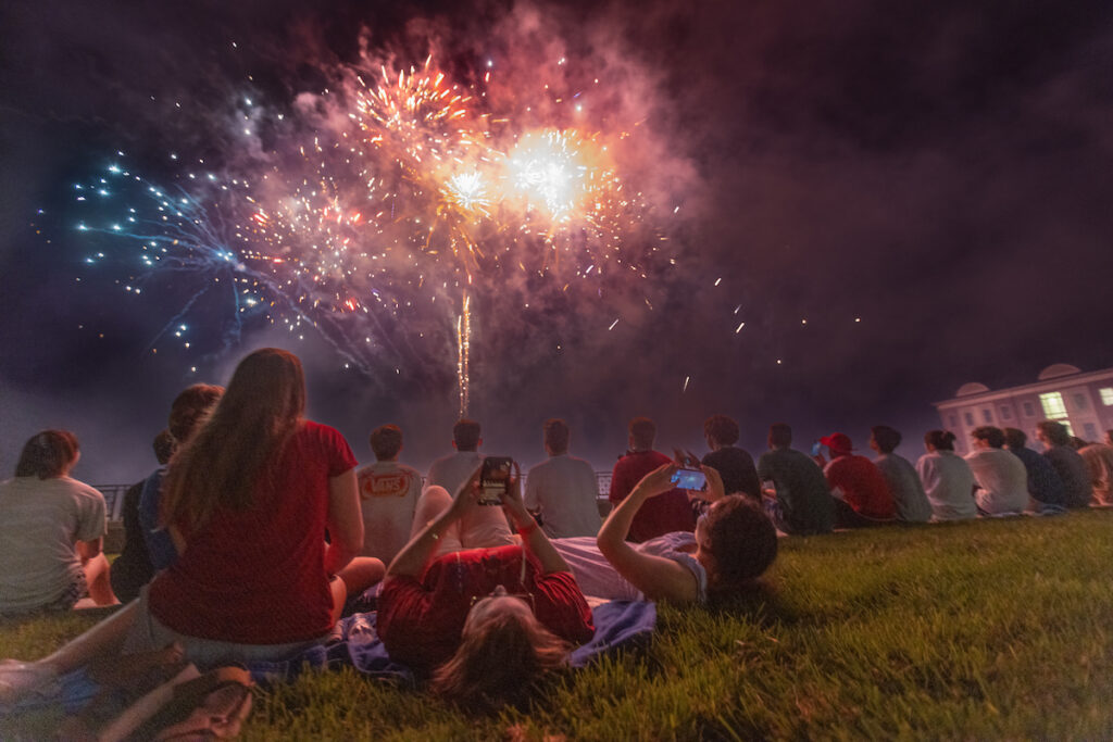 Fireworks show over Benton Hall