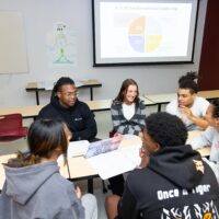 Students sitting in a circle around a table
