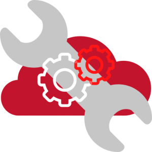 Two interlocking gears on a wrench, with a red cloud in the background, to denote remote cloud tools